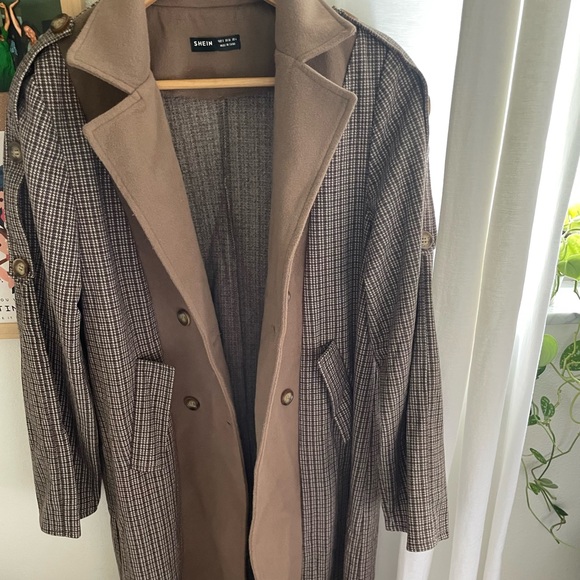 🍂 SHEIN | brown plaid oversized button down trench coat - Picture 7 of 11